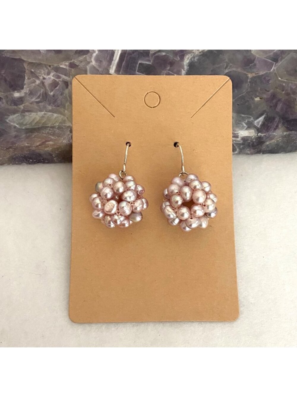 Sterling Silver 925 Beaded Pink Baroque Pearl Cluster Ball Dangle Drop Earrings